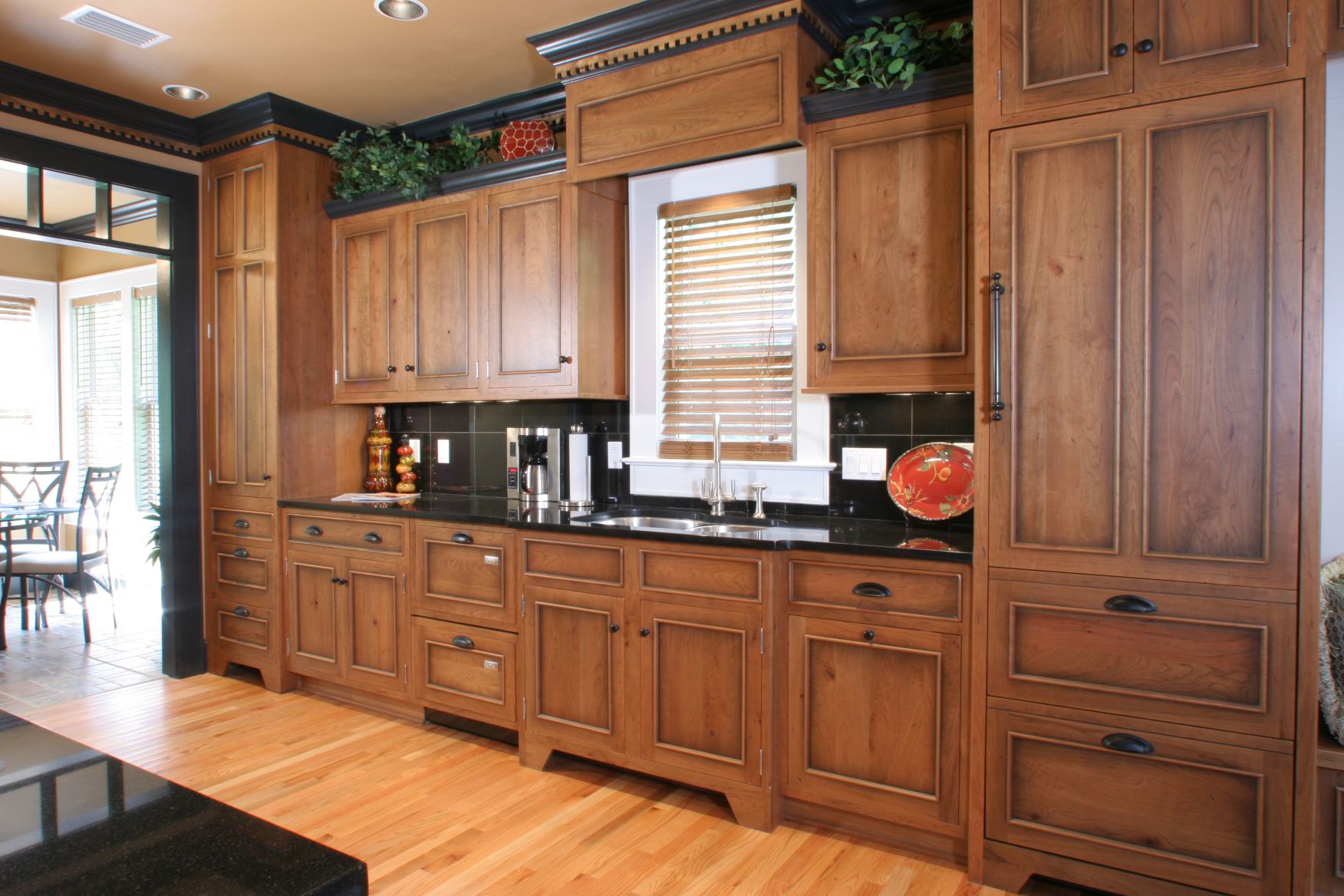 kitchen table with oak cabinets